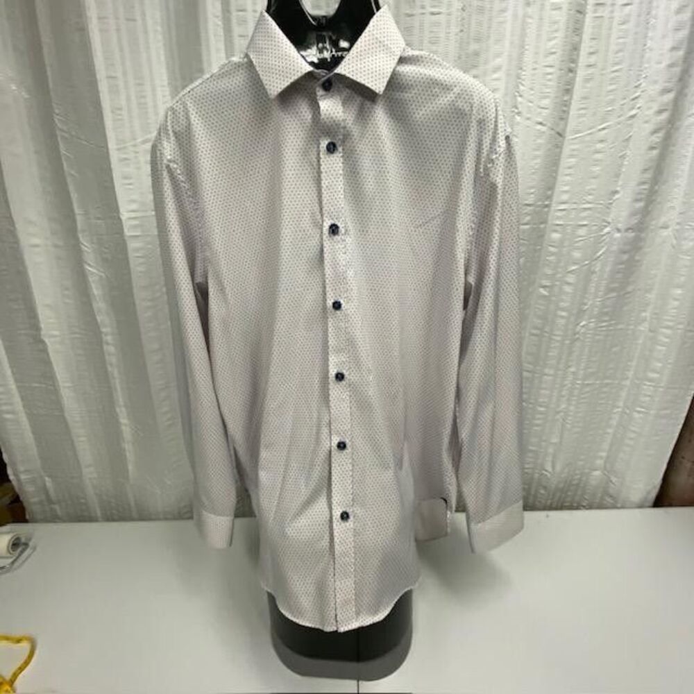 Society of Threads Men's L Slim Fit White Blue Dot Dress Shirt HeiQ Fresh